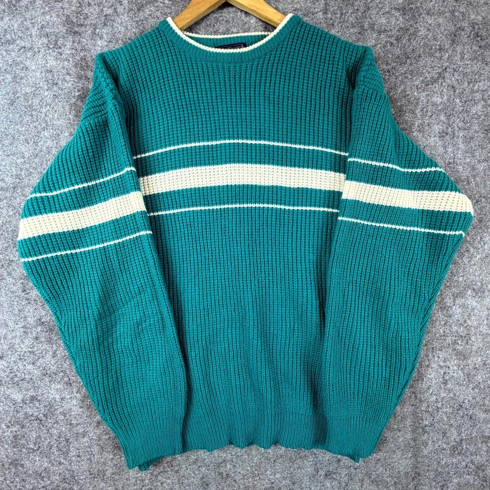 Vintage Boulevard For Big Man Sweater Mens 2X Teal Green Striped Acrylic Knitted